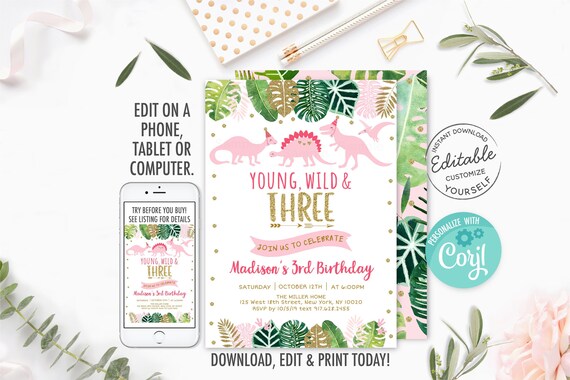 EDITABLE Young Wild & Three Girl Dinosaur Birthday Invitation, Pink Dinosaur, Tropical Dinosaur, Dinosaur Safari, Printable, Digital A507 Il_570xn