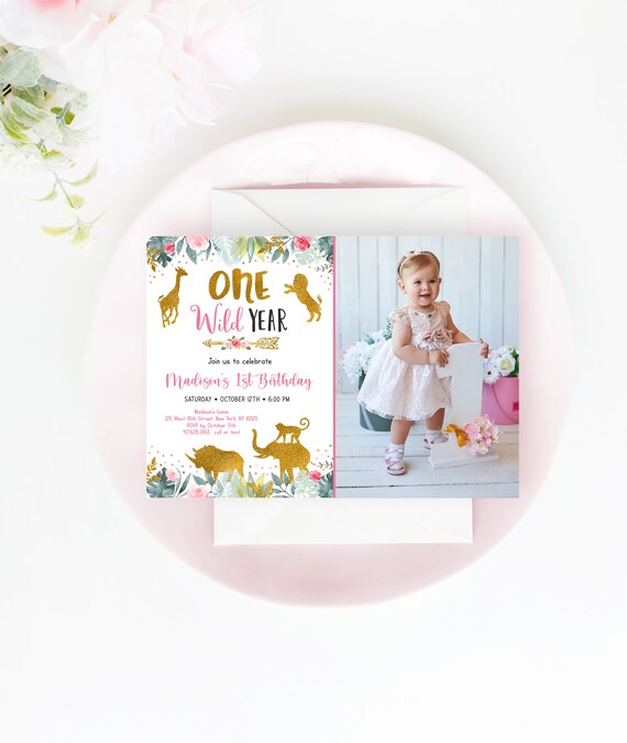 Editable Wild One Birthday Invitation Pink Gold Safari Invite One Wild Year Girl Safari Party Animals Jungle Animals Printable Digital A589 Il_570xn