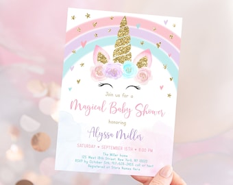 Editable Unicorn Baby Shower Invitation Magical Unicorn Rainbow Baby Shower Pink Gold Pastel Floral Printable Digital Instant Download A582