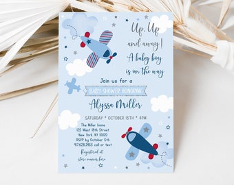 Editable Airplane Baby Shower Invitation Boy Airplane Baby Shower Invite Clouds Stars Blue Red Printable Digital Download A566