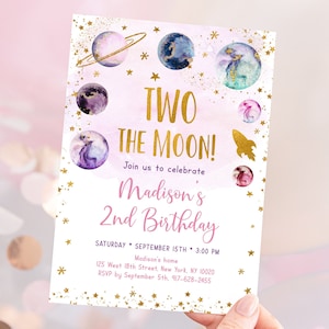 Editable Two The Moon Space Birthday Invitation Pink Gold Girl Galaxy Planets Outer Space Party Rocket Ship Printable Digital Printable A586