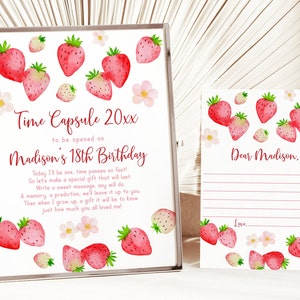 Editable Strawberry Birthday Time Capsule, Berry First Birthday, Wild Strawberries, Strawberry Party, Pink Floral, Digital Download A731