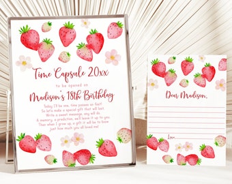 Editable Strawberry Birthday Time Capsule, Berry First Birthday, Wild Strawberries, Strawberry Party, Pink Floral, Digital Download A731