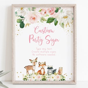 EDITABLE Woodland Baby Shower Sign Girl Woodland Animals Forest Animals Blush Floral Printable Digital Instant Download Template Corjl A516