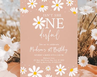 May include: A pink and white first birthday party invitation with a daisy pattern. The text reads "Isn't she one derful" and includes details for Madison's 1st birthday party.