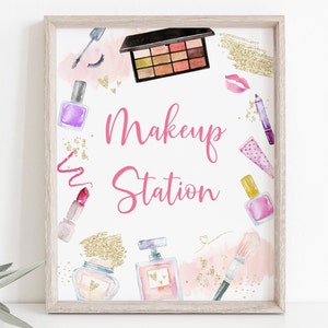 Makeup Station Party Sign Spa Party Sign Tween Girl Glitz & Glam Birthday Glamour Party Makeup Party Pink Gold Digital Download A669