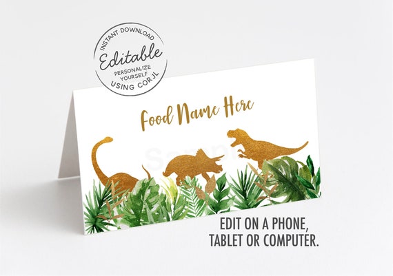 EDITABLE Dinosaur Tent Cards, Food Labels, Dinosaur Birthday, Dinosaur Baby Shower, Gold Dinosaur, Safari, Printable Instant Download A498 Il_570xn