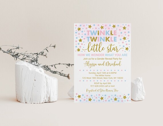 EDITABLE Gender Reveal Invitation Twinkle Twinkle Little Star Baby Shower Pink Blue Boy Girl Shower Digital Printable Instant Download A550 Il_570xn