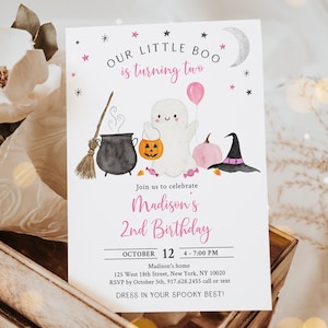 Editable Ghost Birthday Invitation Boo Turning Two Ghost Second Birthday Invite Pink Girl Pumpkin Halloween Party Digital Download A702