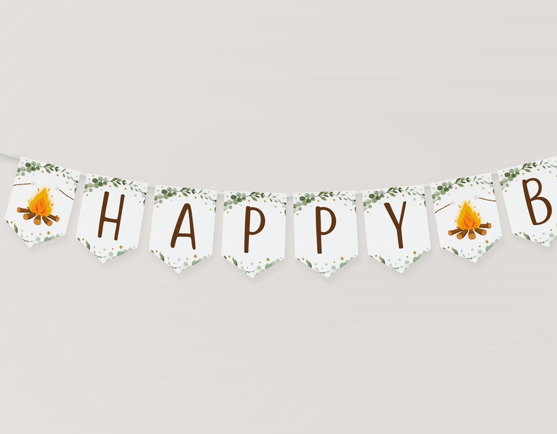 May include: White banner with green foliage and gold glitter. The banner says "Happy" with a campfire image on each end.