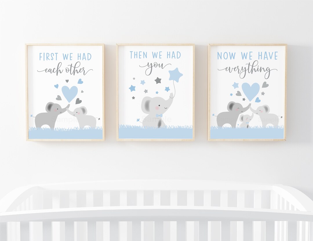 Set of 3 Prints Elephant Nursery Art Elephant Wall Art Blue &amp; Gray Boy ...