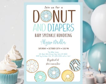 May include: A blue and white baby shower invitation with a donut and the text "Donut and Diapers Baby Sprinkle Honoring Alyssa Miller". The invitation includes the date, time, location, and RSVP information.