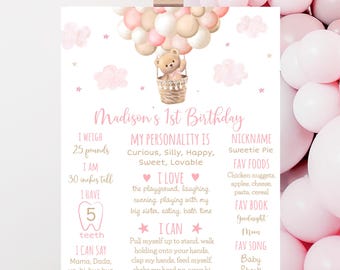 Teddy Bear Balloons First Birthday Milestone Sign Teddy Bear Hot Air Balloon Beary First Birthday Pink Girl Bear 1st Birthday Digital A710