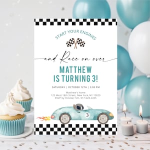 Editable Race Car Birthday Invitation Racing Birthday Invite Racing Party Blue Racing Car Flame Start Your Engines Digital Download A688