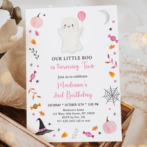 Editable Boo Ghost Second Birthday Invitation Boo Turning Two Invite Pink Girl Ghost Pumpkin Halloween Party Digital Download A706