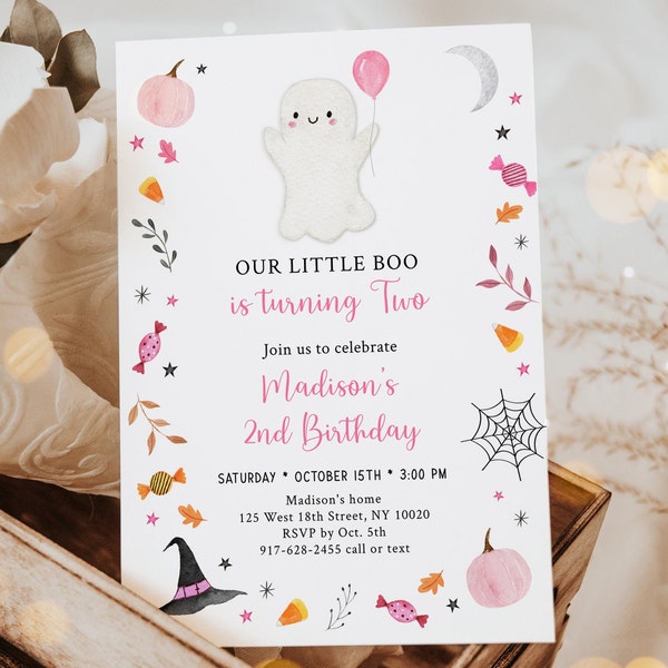 Editable Boo Ghost Second Birthday Invitation Boo Turning Two Invite Pink Girl Ghost Pumpkin Halloween Party Digital Download A706