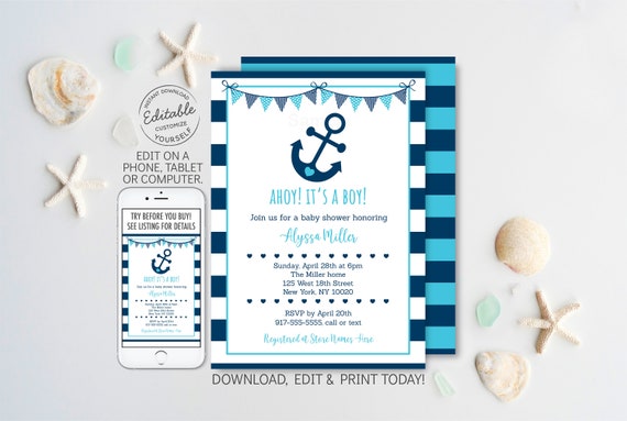EDITABLE Nautical Baby Shower Invitation Anchor Baby Shower Invite Navy & Aqua Boy Baby Shower Digital Printable Instant Download A222 Il_570xn