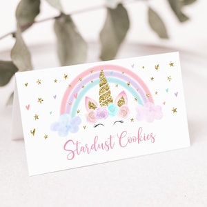 Editable Unicorn Birthday Tent Cards Food Labels Pastel Rainbow Unicorn Pink Gold Floral Unicorn First Birthday Digital Download A582