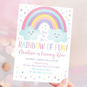 Editable Rainbow First Birthday Invitation Girls Rainbow Party Pastel Rainbow Clouds Rainbow Of Fun Printable Digital Download A549