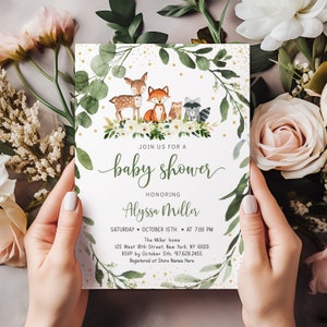 Editable Woodland Baby Shower Invitation Woodland Animals Invite Gender Neutral Greenery Floral Printable Digital Instant Download A524