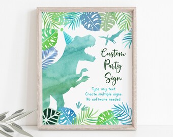 Editable Dinosaur Birthday Sign Party Sign T-Rex Birthday Dinosaur Party Dinosaur Safari Green Blue Watercolor Dinosaurs Digital A663