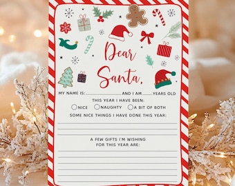 May include: A festive Christmas-themed fill-in-the-blank letter to Santa Claus. The card features a red and white striped border and is decorated with holiday illustrations like a gingerbread man, candy canes, and Santa hats. The text reads "Dear Santa."