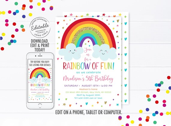 EDITABLE Rainbow Birthday Invitation Girls Rainbow Party Gold Rainbow Clouds Rainbow Of Fun Printable Digital Instant Download Corjl A530 Il_570xn
