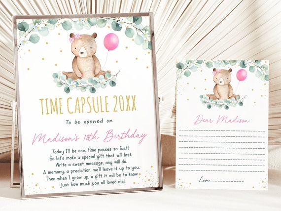 Editable Teddy Bear Picnic Birthday Time Capsule Pink Gold Girl Teddy ...