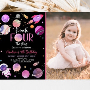 Editable Space Birthday Invitation Reach FOUR The Stars Birthday Invite Pink Girl Astronaut Galaxy Planets Outer Space Party Digital A654