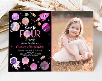 Editable Space Birthday Invitation Reach FOUR The Stars Birthday Invite Pink Girl Astronaut Galaxy Planets Outer Space Party Digital A654