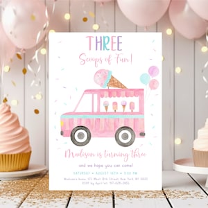 Editable Three Scoops of Fun Ice Cream Truck Birthday Invitation Ice Cream Third Birthday Invite Pink Ice Cream Party Digital Download A673