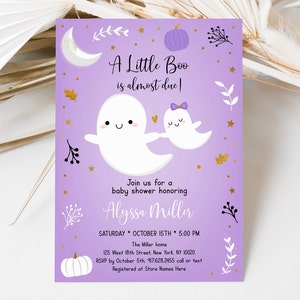 Editable Little Boo Baby Shower Invitation Little Boo Is Almost Due Purple Ghost Pumpkin Halloween Baby Shower Invite Digital Download A637 image 1
