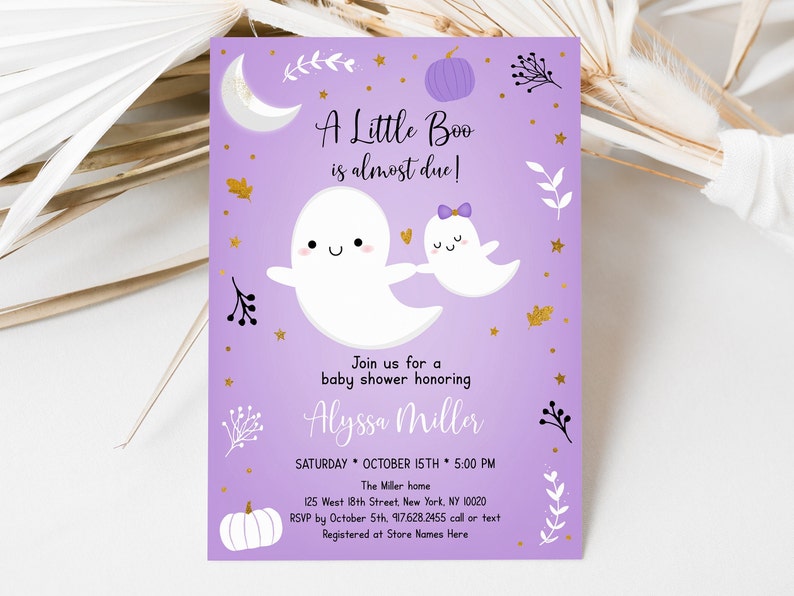 May include: Purple baby shower invitation with a ghost and pumpkin design. The text reads "A Little Boo is almost due!" and includes details for the event, such as the date, time, location, and RSVP information.