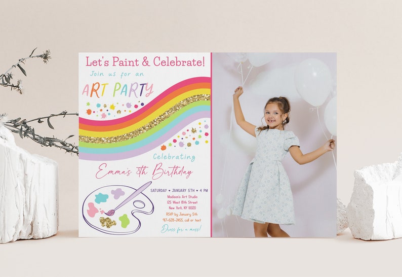 May include: A colorful invitation for an art party with a rainbow, glitter, and a paint palette. The invitation says "Let's Paint & Celebrate!" and "Join us for an ART PARTY." It also says "Celebrating Emma's 8th Birthday."