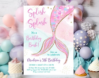 Editable Mermaid Birthday Invitation Mermaid Tail Birthday Invite Under The Sea Pink Purple Gold Printable Digital Download A627