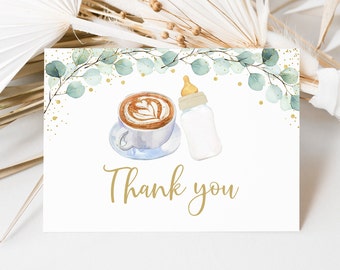 Baby Is Brewing Thank You Card, Coffee Baby Shower Thank You Card, Greenery Gold, Gender Neutral Coed Baby Shower, Digital Download A601