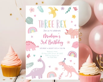 Editable Pink Dinosaur Three Rex Birthday Invitation, Boho Dinosaur Birthday Invite, 3rd Birthday, Girl Dinosaur Party, Digital A736