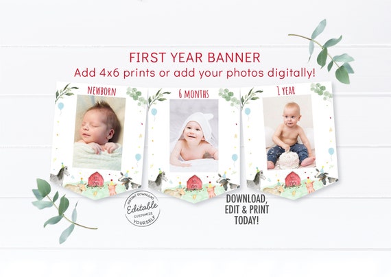 Farm First Birthday Banner Monthly Photo Banner Farm Party Farm Animals Barnyard Party Boy Farm Editable Printable Instant Download A511 Il_570xn