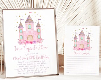 Editable Princess Birthday Time Capsule Princess Castle 1st Birthday Party, Fairytale Pink Purple Gold Watercolor Floral, Digital A752