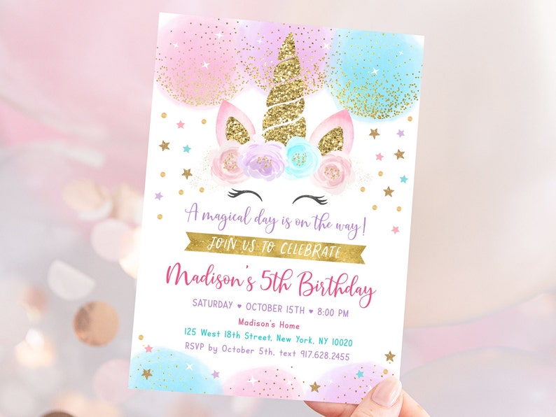 Editable Unicorn Birthday Invitation Unicorn Birthday Party Pink & Gold ...