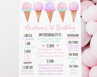Editable Ice Cream First Birthday Milestone Sign, Pastel Pink Purple, Digital Download A673