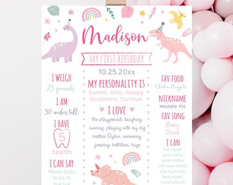 Editable Pink Girly Dinosaur 1st Birthday Milestone Poster, Pastel Dinosaurs, Digital Download A736