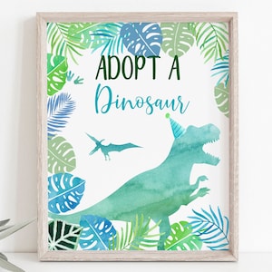 Adopt A Dinosaur Birthday Sign T-Rex Birthday Dinosaur Party Dinosaur Safari Green Blue Watercolor Dinosaurs Digital Download A663