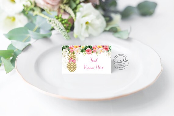 EDITABLE Pineapple Baby Shower Tent Cards Food Labels Tropical Floral Gold Pineapple Girl Baby Shower Printable Instant Download Corjl A494 Il_570xn