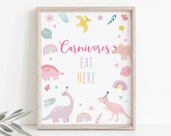 Signo de cumpleaños de carnívoros de dinosaurios rosas, signo de comida, cumpleaños de dinosaurios boho, fiesta de dinosaurios de niñas, dinosaurios pastel, descarga digital A736