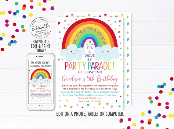 EDITABLE Rainbow Drive By Birthday Parade Invitation Quarantine Party Girl Birthday Virtual Birthday Party Honk Wave Instant Download A530 Il_570xn