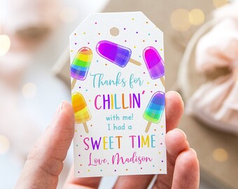 May include: A white thank you tag with colorful popsicle illustrations. The text reads "Thanks for Chillin' with me! I had a Sweet Time. Love, Madison".