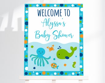 Editable Blue Under The Sea Welcome Sign Under The Sea Baby Shower Nautical Whale Sea Creature Baby Boy Printable Instant Download A229