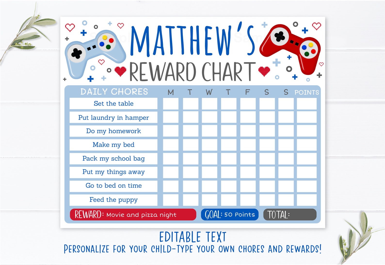 EDITABLE Video Game Reward Chart Chore Chart Behavior Chart | Etsy