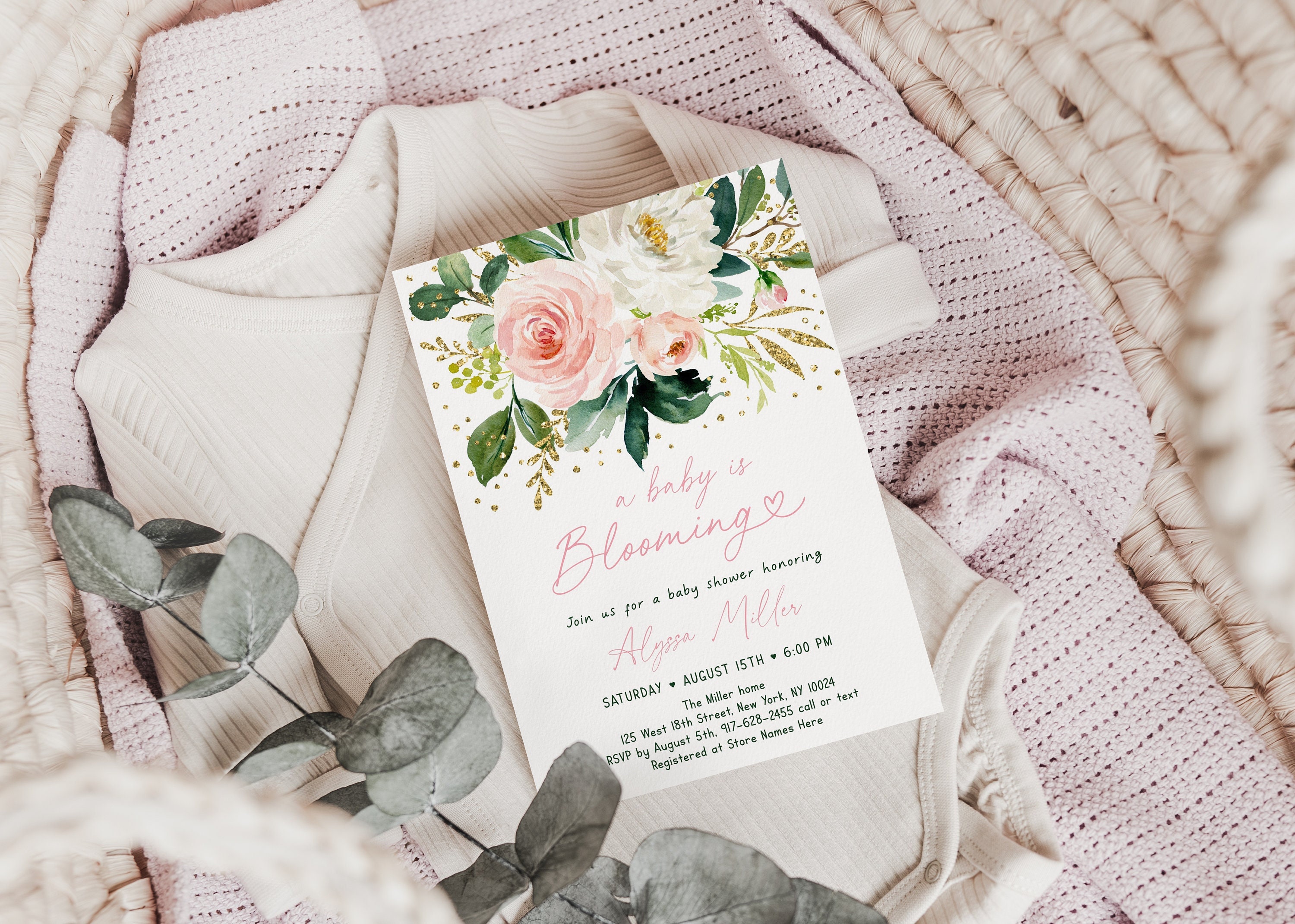 Editable Baby Is Blooming Baby Shower Invitation Pink Gold Etsy 日本